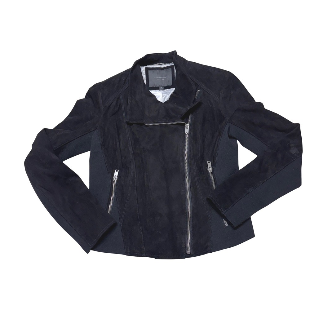 Marc New York Black Suede Moto Jacket Asymmetrical Zip Paneled Women size medium